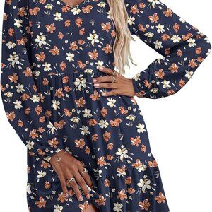 Women's Casual Tiered Dress V Neck Long Sleeve A Line with Pockets